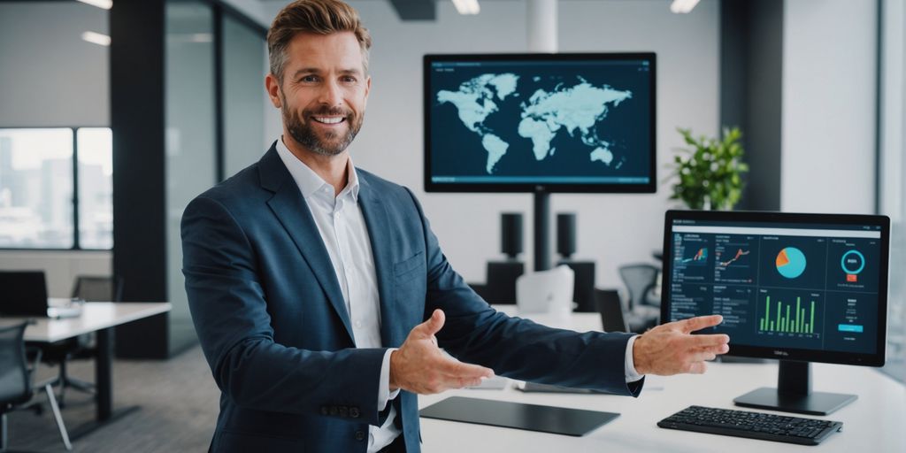 Businessperson presenting automated phone systems to clients.