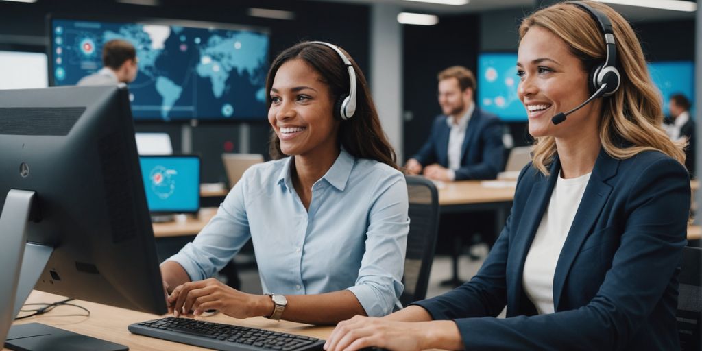 Customer service rep with AI elements in background.