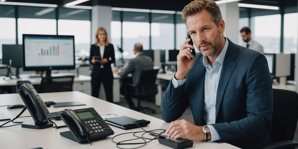 Businessperson discussing phone systems with a client.