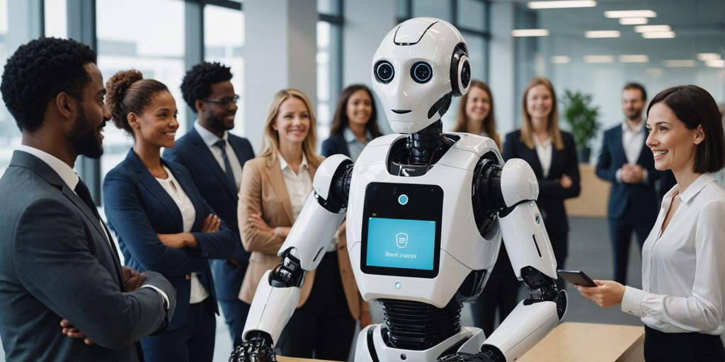 AI robot receptionist in a modern office with people.