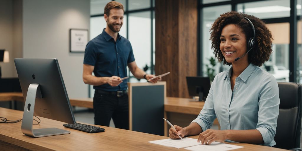 AI receptionist assisting customer at modern desk