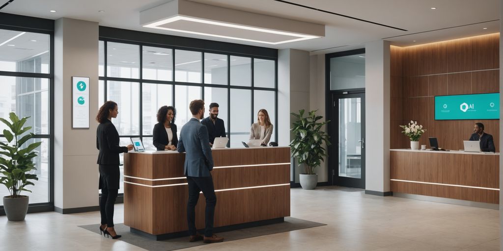 AI and human receptionists in a modern office lobby.