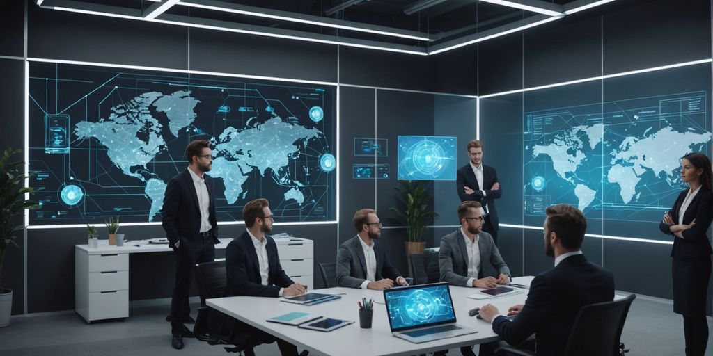 Professionals discussing AI solutions with digital holograms.