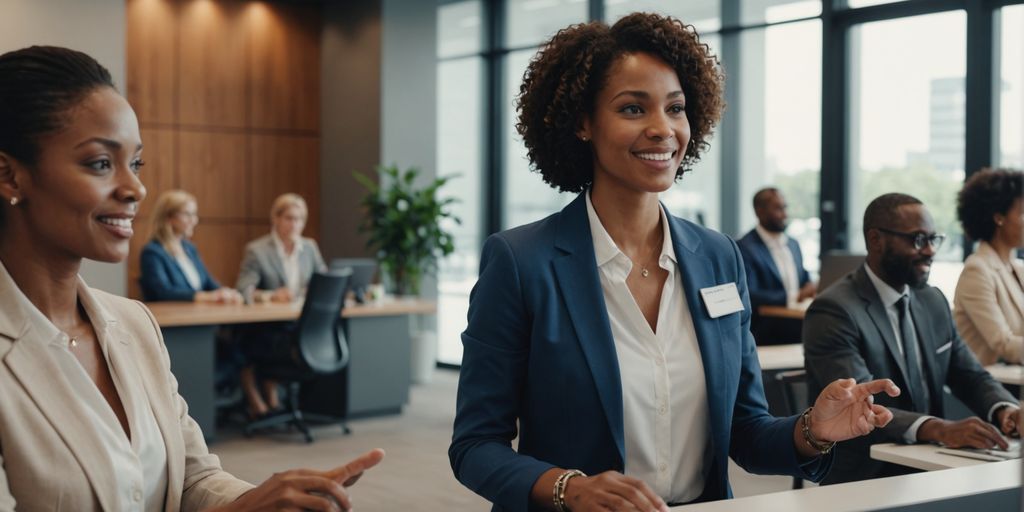 AI receptionist engaging with diverse customers in office lobby.