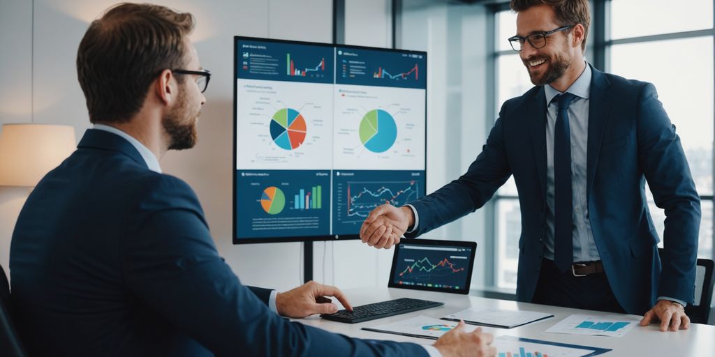 Entrepreneur shaking hands with client in modern office.