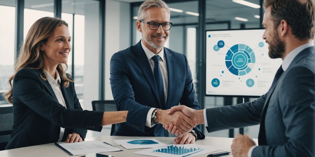 Businessperson shaking hands with client in office.