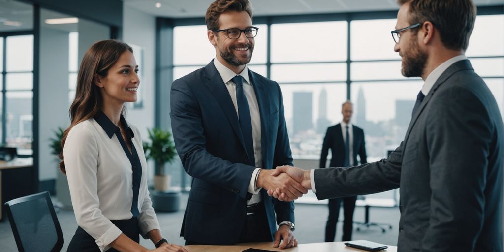 Businessperson shaking hands with client in office