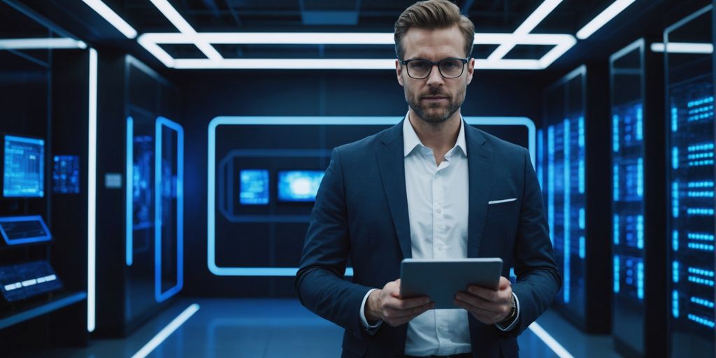 Entrepreneur with tablet in AI server room.