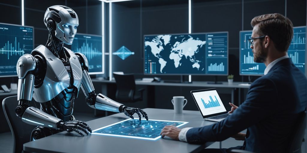 AI robot and professional in futuristic office