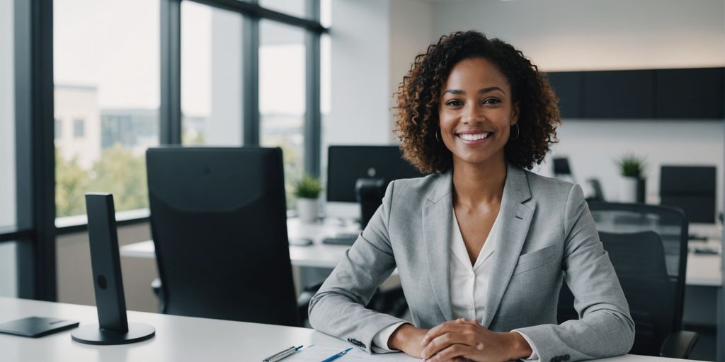 AI receptionist smiling behind a modern desk