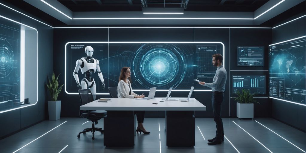 Human and robot analyzing data on holographic screen.