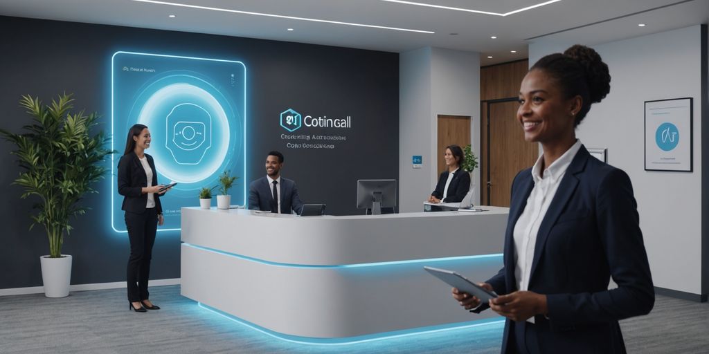AI receptionist assisting a visitor in a modern office.