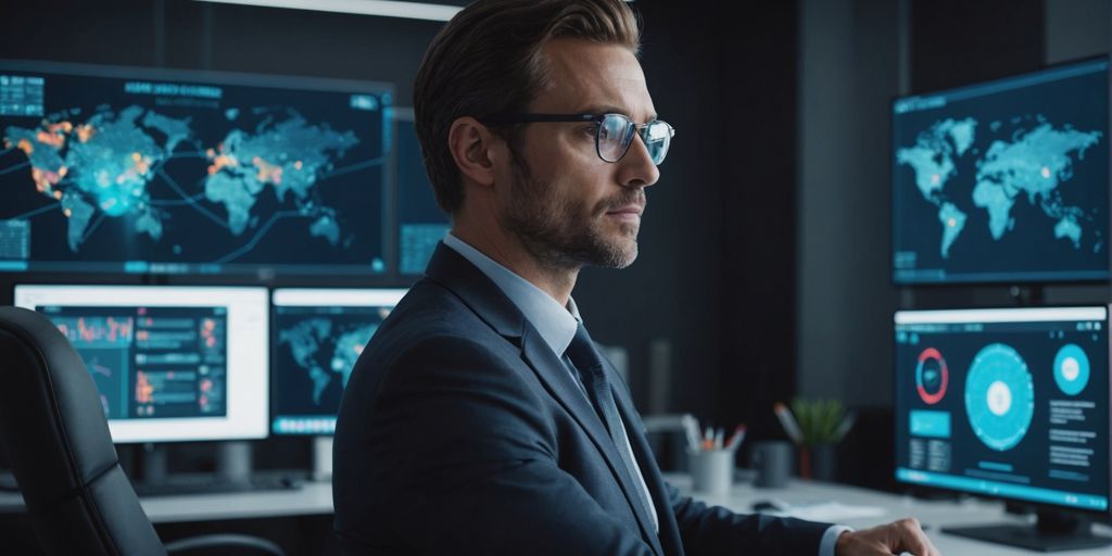 Business professional analyzing futuristic AI data interface.