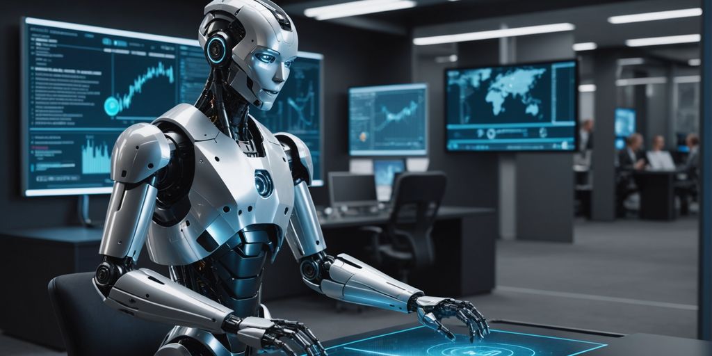 Humanoid robot with holographic data display in office