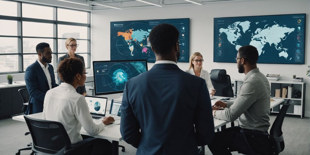 Business team collaborating with AI technology visuals.