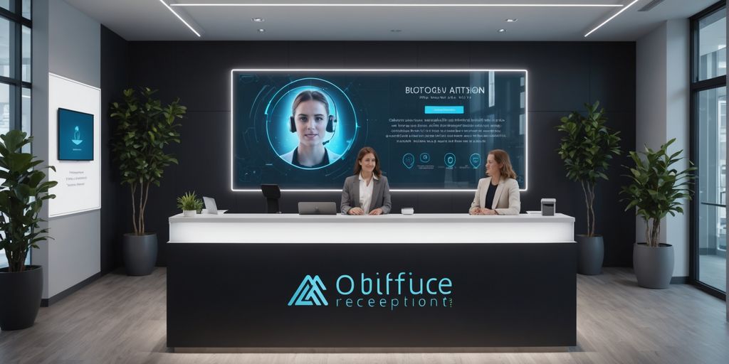 AI receptionist hologram in a modern office