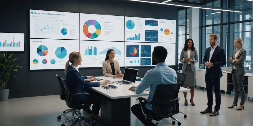 Business professionals collaborating with AI technology.