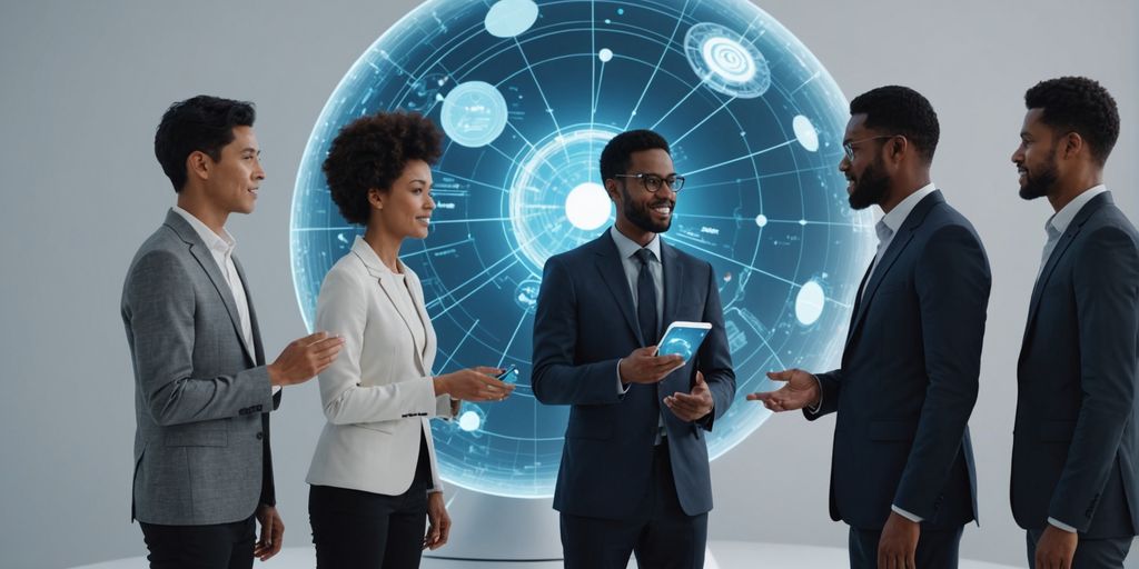 Diverse group interacting with AI hologram.