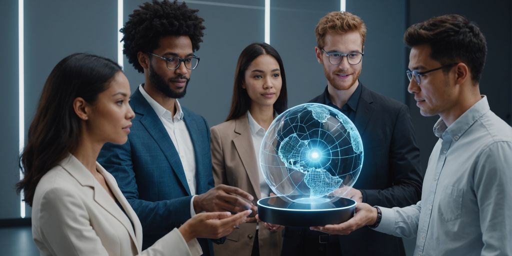 Diverse group interacting with AI hologram.