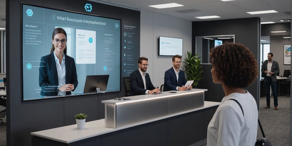 AI receptionist hologram in busy office