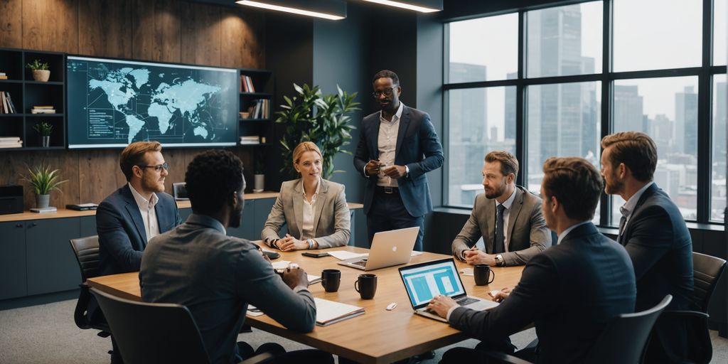 Professionals discussing AI solutions in a modern office