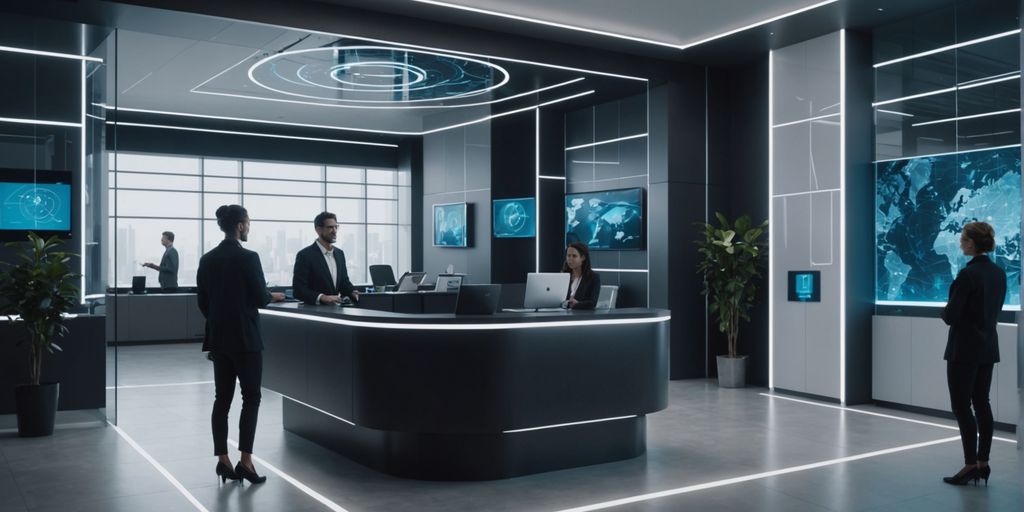 AI receptionist hologram in a futuristic office lobby