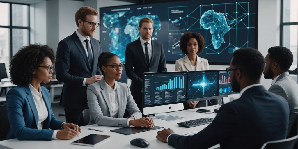 Business team collaborating with AI technology.