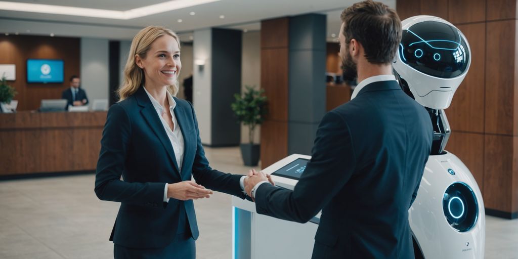 AI receptionist greeting business professional