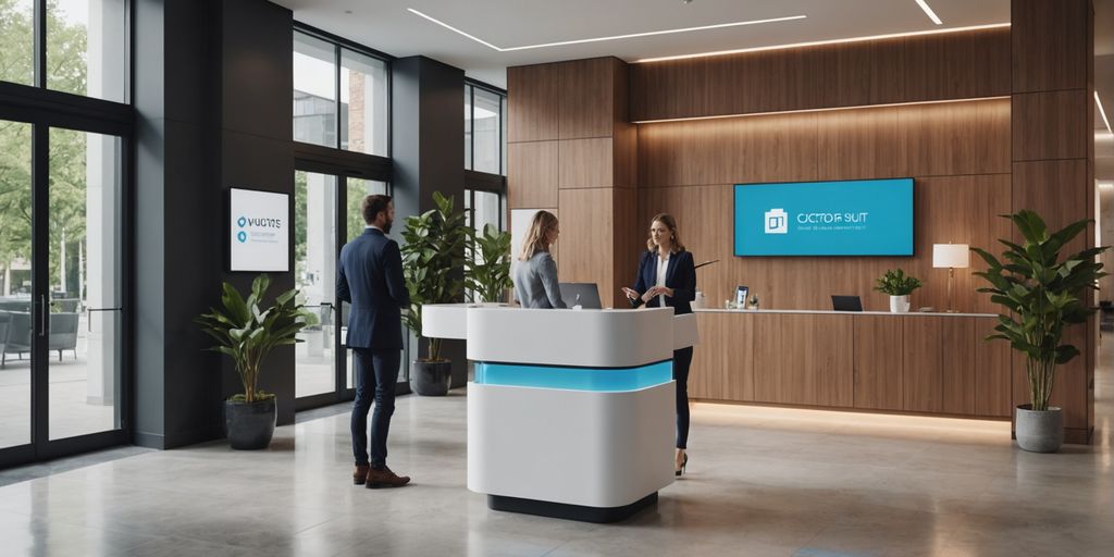 AI receptionist in modern office lobby