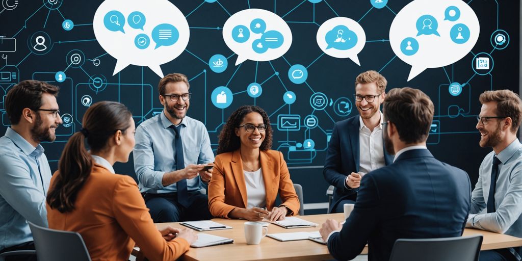 Professionals discussing with AI voice icons in background.