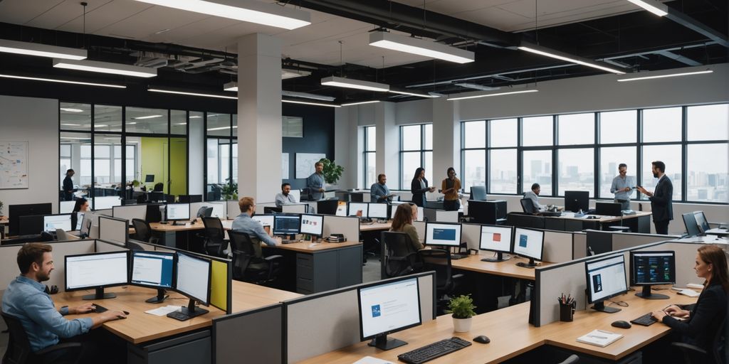 Modern office with diverse employees and AI-driven tools.