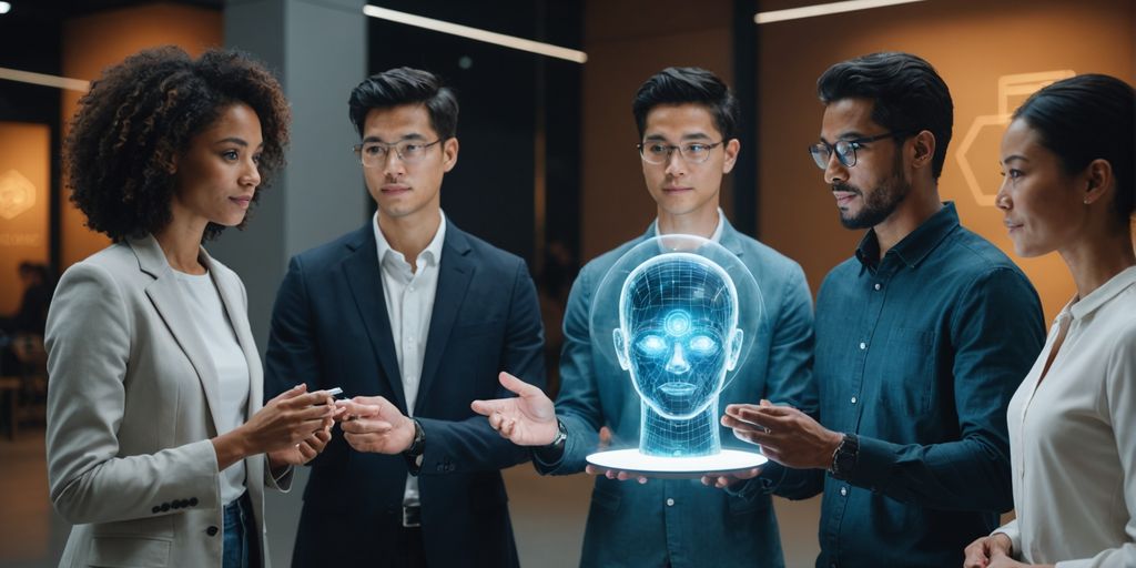 Diverse group interacting with AI hologram