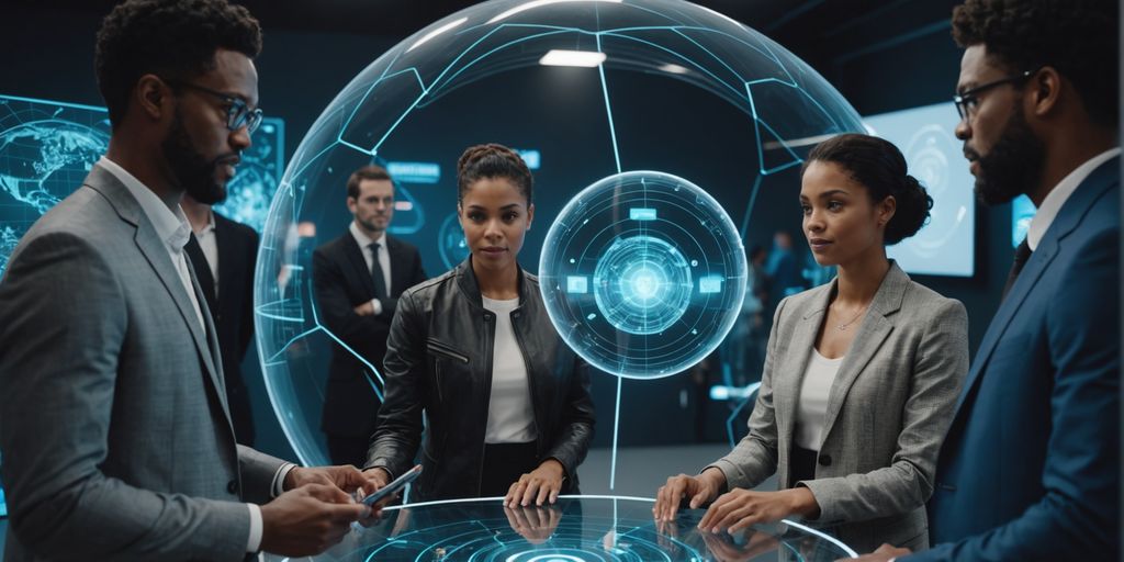 Diverse group interacting with AI hologram in tech setting.