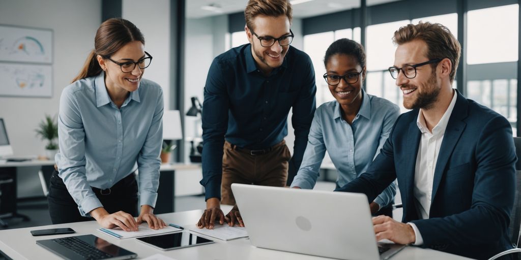 Team discussing AI voice solutions in office