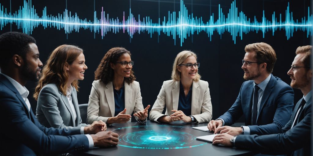Professionals discussing with holographic voice waveforms above.