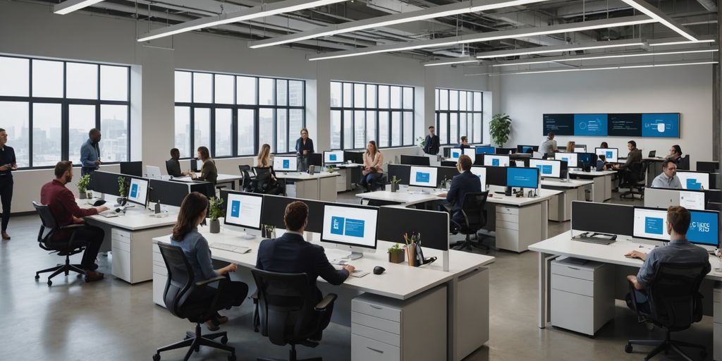 Office workers interacting with AI devices.