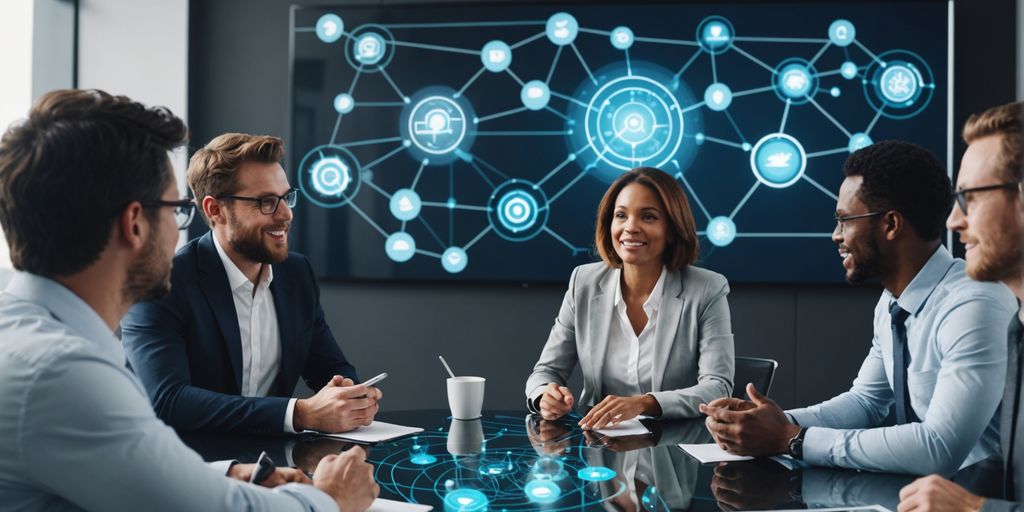 Professionals discussing with AI voice interface overlay.