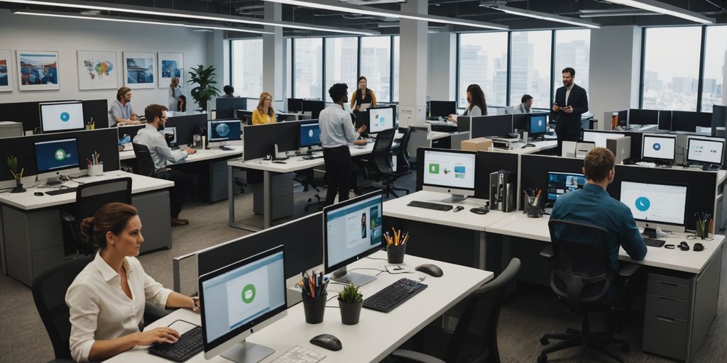 Modern office with employees interacting and using technology.