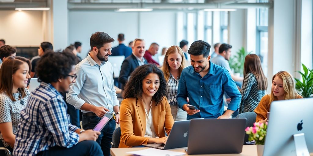 Diverse employees collaborating in a bustling office