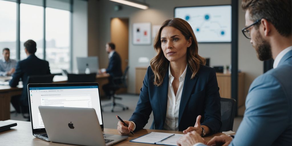 Professional discussing AI software with client in office.