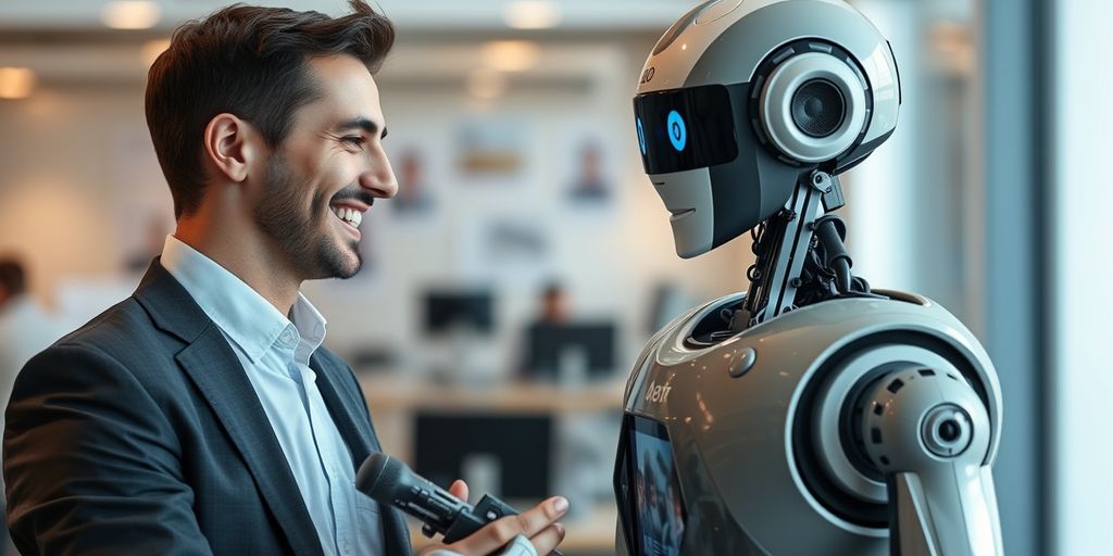 Professional smiling with malfunctioning robot in office