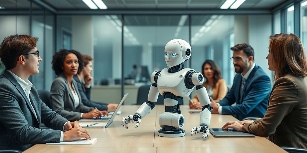 Diverse professionals and imperfect robot in business meeting.