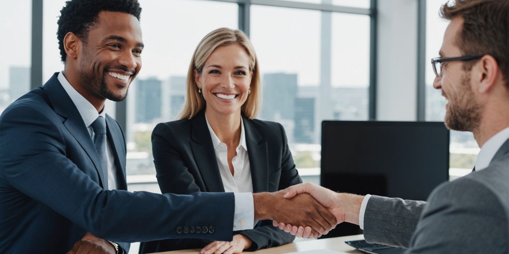 Businessperson shaking hands with client in office.