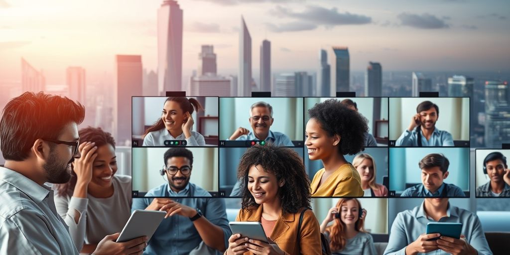 People on devices video calling with a futuristic cityscape.