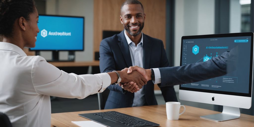 Businessperson shaking hands with client in office.