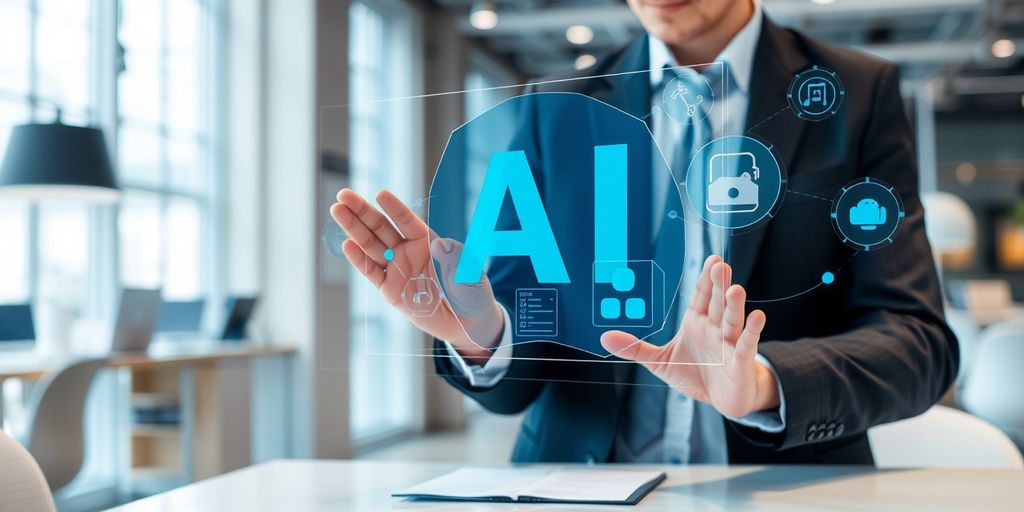 Professional using holographic AI interface in modern office.