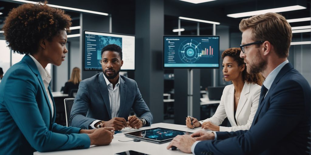 Business professionals discussing AI voice solutions.