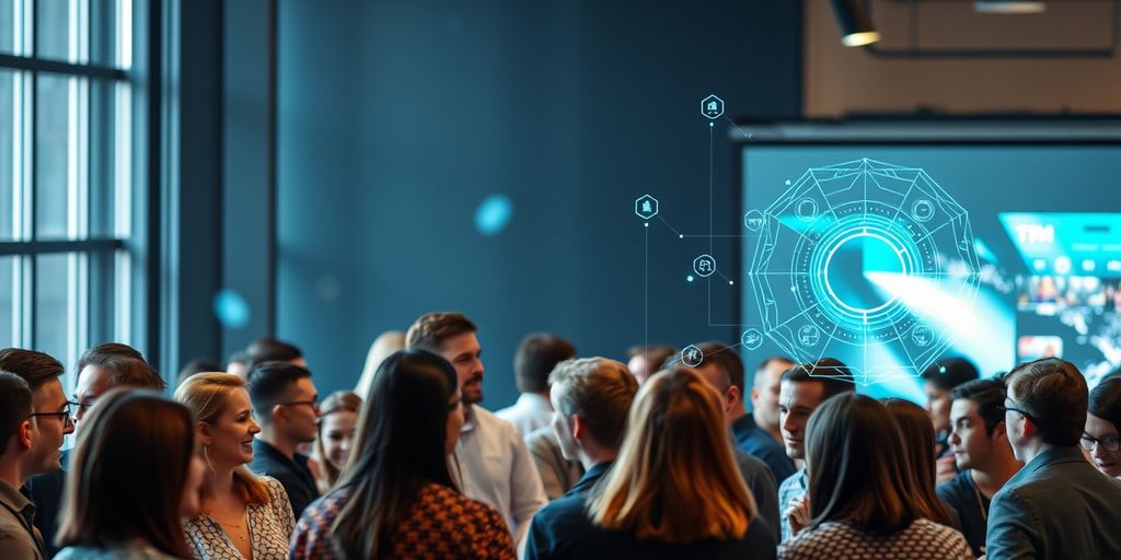 People talking with digital elements in background.