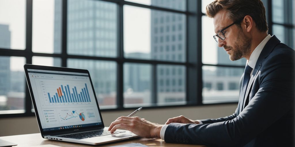 Professional analyzing charts on a laptop in office.