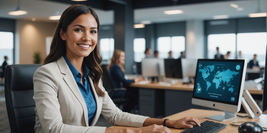 Receptionist using computer in modern office with AI icons.